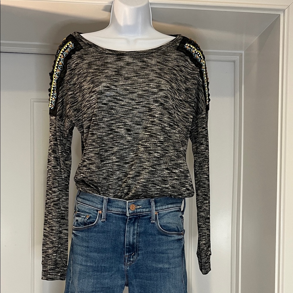 Vintage Havana Black & Gray Marled Long Sleeve Top with Beaded Shoulder Detail S
